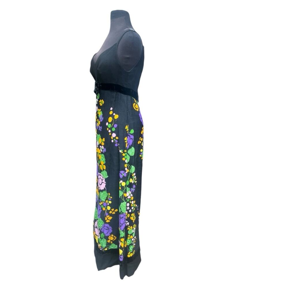 Vtg 70s Psychedleic Floral Velvet Trim Bow Boho Glam Maxi Dress S Retro Festival - Picture 4 of 11